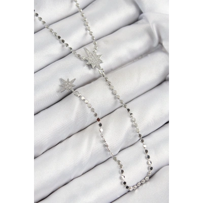 Pirinç Zirkon Taşlı Ezme Zincirli Kutup Yıldızı Model Gümüş Renk Y Kolye