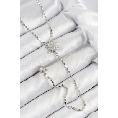 Pirinç Zirkon Taşlı Ezme Zincirli Kutup Yıldızı Model Gümüş Renk Y Kolye