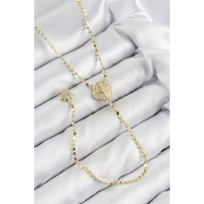 Pirinç Zirkon Taşlı Ezme Zincirli Madalyon Model Gold Renk Y Kolye