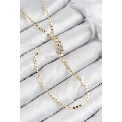 Pirinç Zirkon Taşlı Ezme Zincirli Model Gold Renk Y Kolye