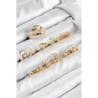 Pirinç Zirkon Taşlı Fiyonk Ve Kalp Model Gold Renk Kadın Yüzük Kombin Set