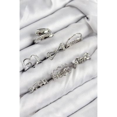 Pirinç Zirkon Taşlı Fiyonk Ve Kalp Model Gümüş Renk Kadın Yüzük Kombin Set