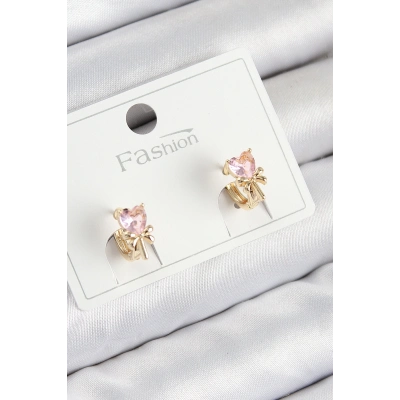 Pirinç Zirkon Taşlı Fiyonklu Kalp Model Gold Renk Çocuk Küpe