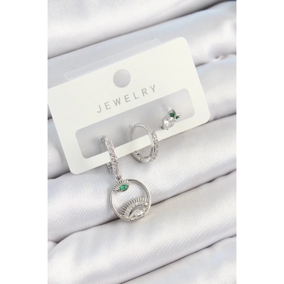 Pirinç Zirkon Taşlı Göz Ve Baykuş Model Gümüş Renk 3lü Çift Kadın Küpe Set