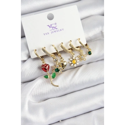 Pirinç Zİrkon Taşlı Gül Ve Papatya Model Gold Renk 3lü Çift Kadın Küpe