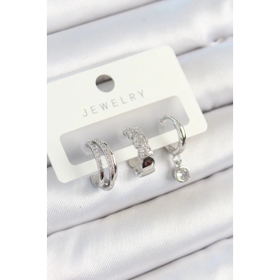 Pirinç Zirkon Taşlı Halka Model Gümüş Renk 3lü Çift Kadın Küpe Set