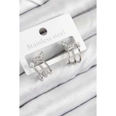 Pirinç Zirkon Taşlı İnci Detaylı Balık Kuyruğu Model Gümüş Renk Kadın Küpe