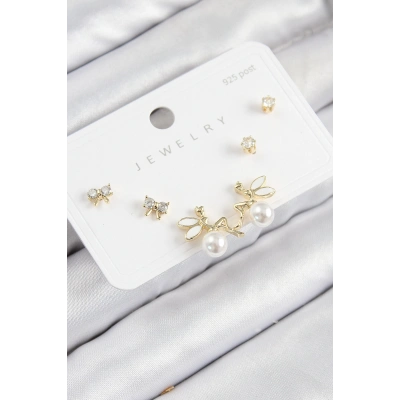 Pirinç Zirkon Taşlı İnci Melek Model Gold Renk 925 Ayar Gümüş Çivi Kadın Küpe Set