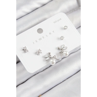 Pirinç Zirkon Taşlı İnci Melek Model Gümüş Renk 925 Ayar Gümüş Çivi Kadın Küpe Set