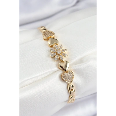 Pirinç Zirkon Taşlı Kalp Detaylı Çiçek Model Gold Renk Kadın Bileklik