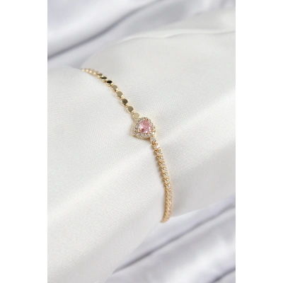 Pirinç Zirkon Taşlı Kalp Model Ezme Zincir Gold Renk Kadın Bileklik