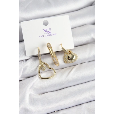 Pirinç Zİrkon Taşlı Kalp Model Gold Renk 3lü Kadın Küpe