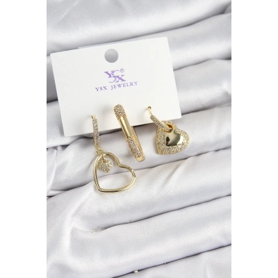 Pirinç Zİrkon Taşlı Kalp Model Gold Renk 3lü Kadın Küpe