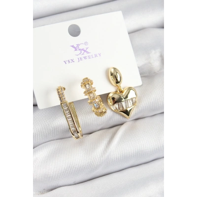 Pirinç Zİrkon Taşlı Kalp Model Gold Renk 3lü Kadın Küpe