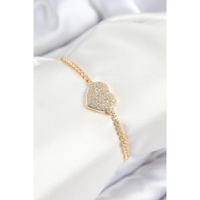 Pirinç Zirkon Taşlı Kalp Model Gold Renk Asansörlü Kadın Bileklik