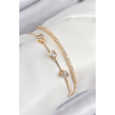 Pirinç Zirkon Taşlı Kalp Model Gold Renk Kadın Bileklik