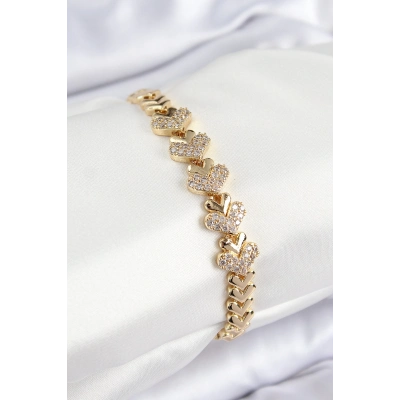 Pirinç Zirkon Taşlı Kalp Model Gold Renk Kadın Bileklik