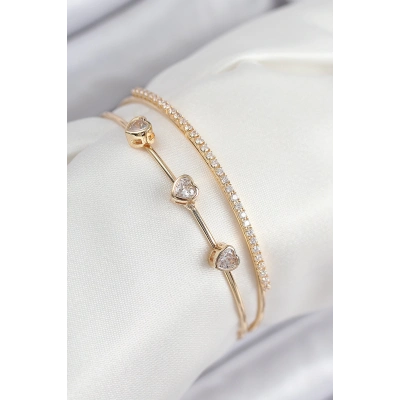 Pirinç Zirkon Taşlı Kalp Model Gold Renk Kadın Bileklik