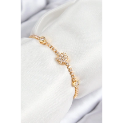 Pirinç Zirkon Taşlı Kar Tanesi Model Gold Renk Asansörlü Kadın Bileklik