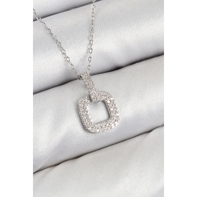 Pirinç Zirkon Taşlı Kare Model Gümüş Renk Kadın Kolye