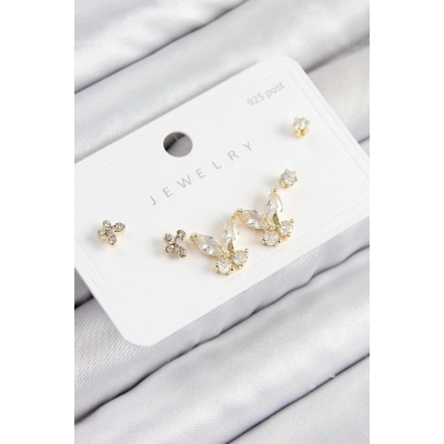 Pirinç Zirkon Taşlı Kelebek Model Gold Renk 925 Ayar Gümüş Çivi Kadın Küpe Set