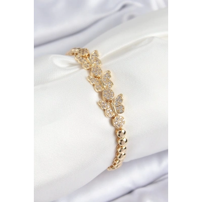 Pirinç Zirkon Taşlı Kelebek Model Gold Renk Kadın Bileklik