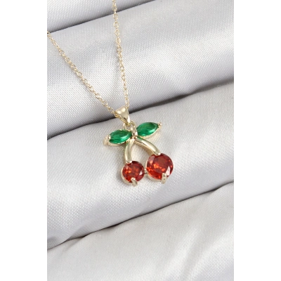Pirinç Zirkon Taşlı Kiraz Model Gold Renk Kadın Kolye