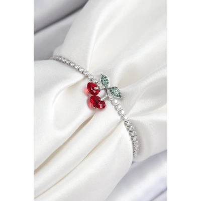 Pirinç Zirkon Taşlı Kiraz Model Gümüş Renk Asansörlü Kadın Bileklik