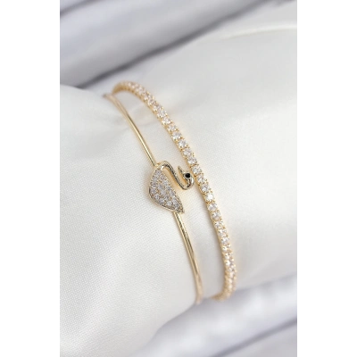 Pirinç Zirkon Taşlı Kuğu Model Gold Renk Kadın Bileklik