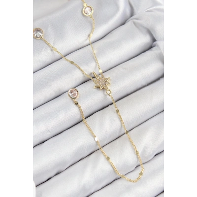 Pirinç Zirkon Taşlı Kutup Yıldızı Model Gold Renk Y Kolye