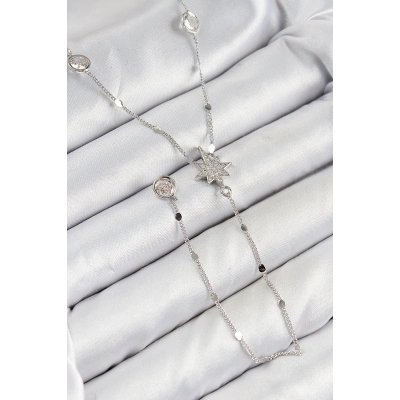 Pirinç Zirkon Taşlı Kutup Yıldızı Model Gümüş Renk Y Kolye