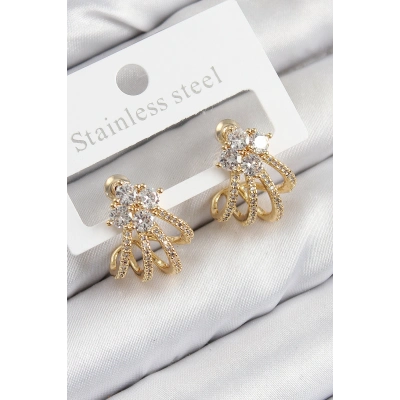 Pirinç Zirkon Taşlı Model Gold Renk Kadın Küpe