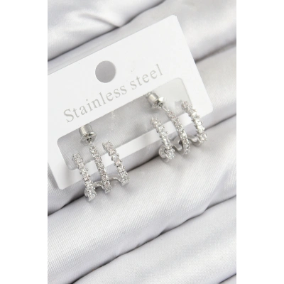 Pirinç Zirkon Taşlı Model Gümüş Renk Kadın Küpe