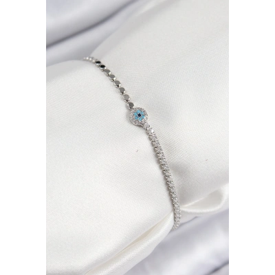 Pirinç Zirkon Taşlı Nazar Model Ezme Zincir Gümüş Renk Kadın Bileklik