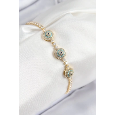Pirinç Zirkon Taşlı Nazar Model Gold Renk Kadın Bileklik