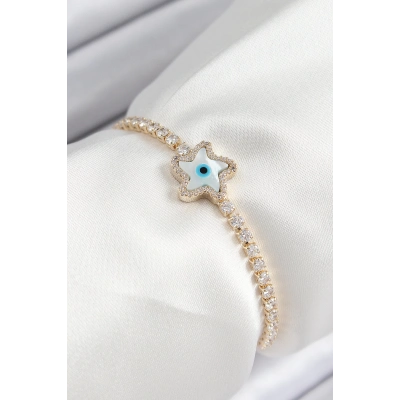 Pirinç Zirkon Taşlı Nazar Yıldız Model Gold Renk Asansörlü Kadın Bileklik