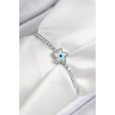 Pirinç Zirkon Taşlı Nazar Yıldız Model Gümüş Renk Asansörlü Kadın Bileklik