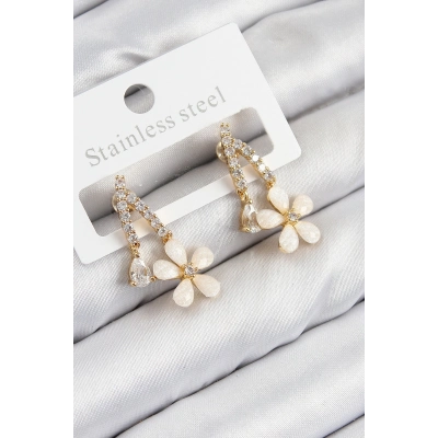 Pirinç Zirkon Taşlı Papatya Model Gold Renk Kadın Küpe