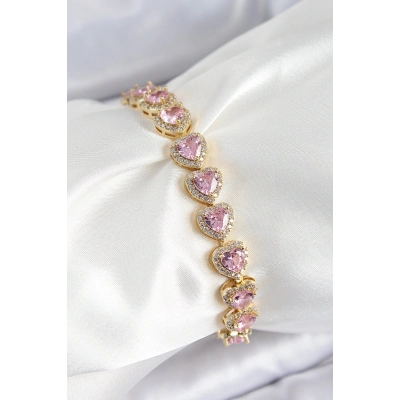 Pirinç Zirkon Taşlı Pembe Kalp Baget Model Gold Renk VIP Seri Kadın Bileklik