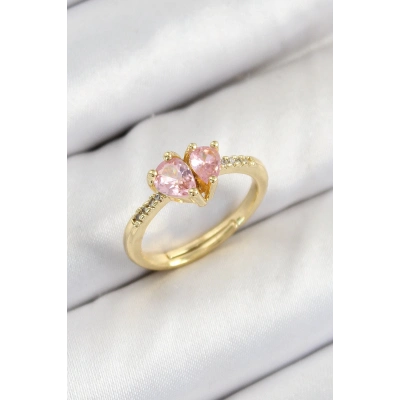 Pirinç Zirkon Taşlı Pembe Kalp Model Gold Renk Kadın Yüzük