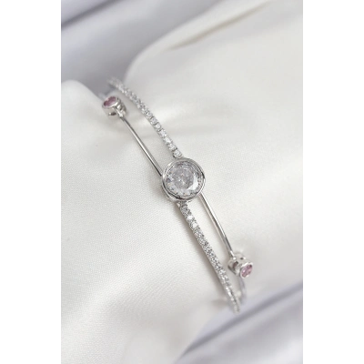 Pirinç Zirkon Taşlı Pırlanta Model Gümüş Renk Kadın Bileklik