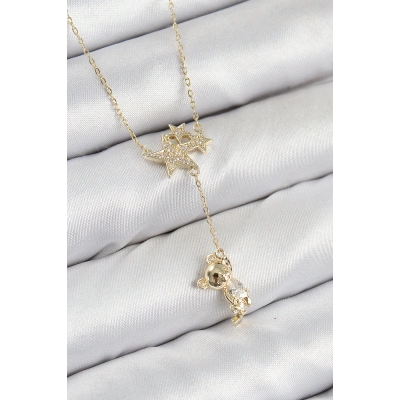 Pirinç Zirkon Taşlı Sallantılı Ayıcıklı Yıldız Model Gold Renk Kadın Kolye