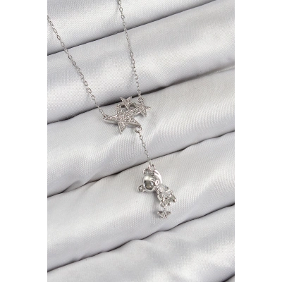 Pirinç Zirkon Taşlı Sallantılı Ayıcıklı Yıldız Model Gümüş Renk Kadın Kolye
