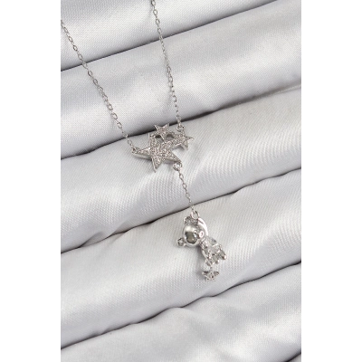 Pirinç Zirkon Taşlı Sallantılı Ayıcıklı Yıldız Model Gümüş Renk Kadın Kolye
