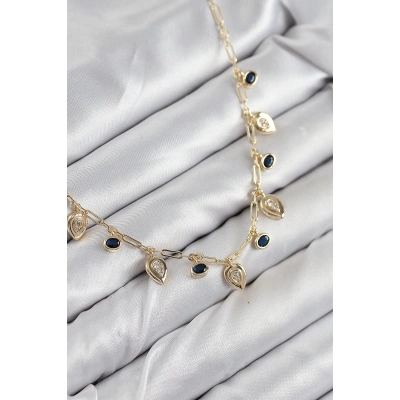 Pirinç Zirkon Taşlı Sallantılı Damla Model Gold Renk Kadın Kolye