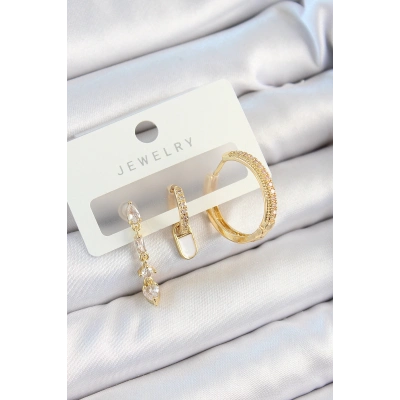 Pirinç Zirkon Taşlı Sallantılı Model Gold Renk 3lü Çift Kadın Küpe Set