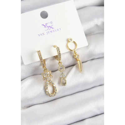 Pirinç Zİrkon Taşlı Sallantılı Model Gold Renk 3lü Kadın Küpe