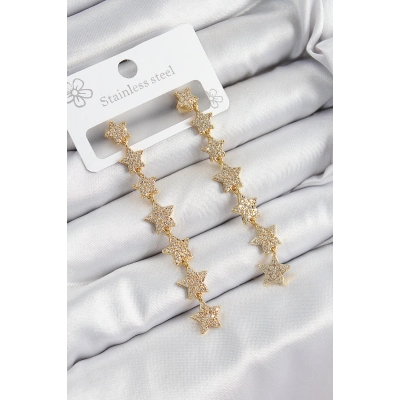 Pirinç Zirkon Taşlı Sallantılı Yıldız Model Gold Renk Kadın Küpe