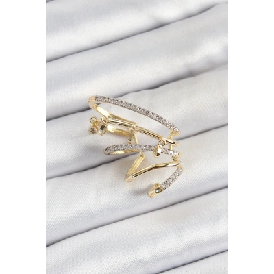 Pirinç Zirkon Taşlı Sıkıştırma Sağ Kıkırdak Gold Renk Kadın Küpe