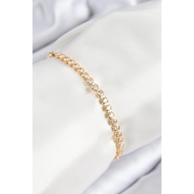 Pirinç Zirkon Taşlı Sıralı Model Gold Renk Asansörlü Kadın Bileklik